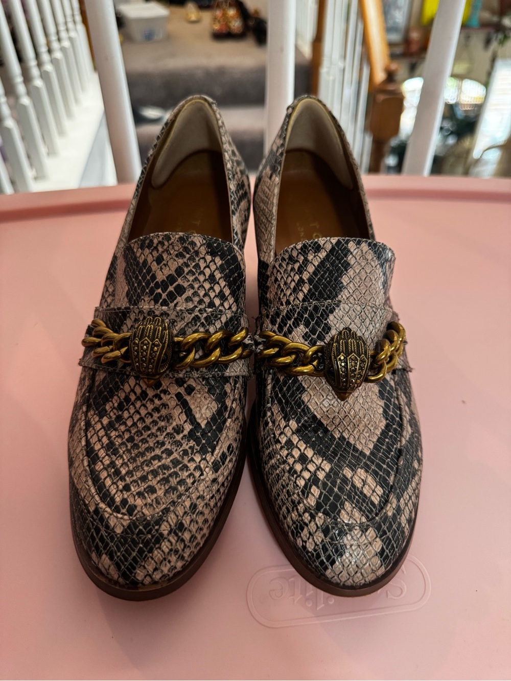 Kurt Geiger Snake-Print Loafers in Beige and Black with Gold Chain